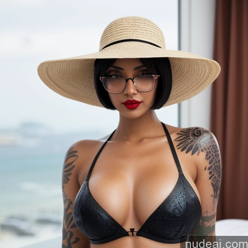 Woman One Huge Boobs Glasses Tattoos Lipstick Big Ass Thick Short Hair Tanned Skin 18 Seductive Black Hair Bangs Bobcut Turkish Crisp Anime Bedroom Front View On Back Goth Transparent Jewelry Bright Lighting Alternative