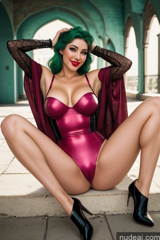 Happy 70s Woman Huge Boobs Lipstick 60s Green Hair Straight Arabic Bar Nude Jewelry Dark Lighting Simple