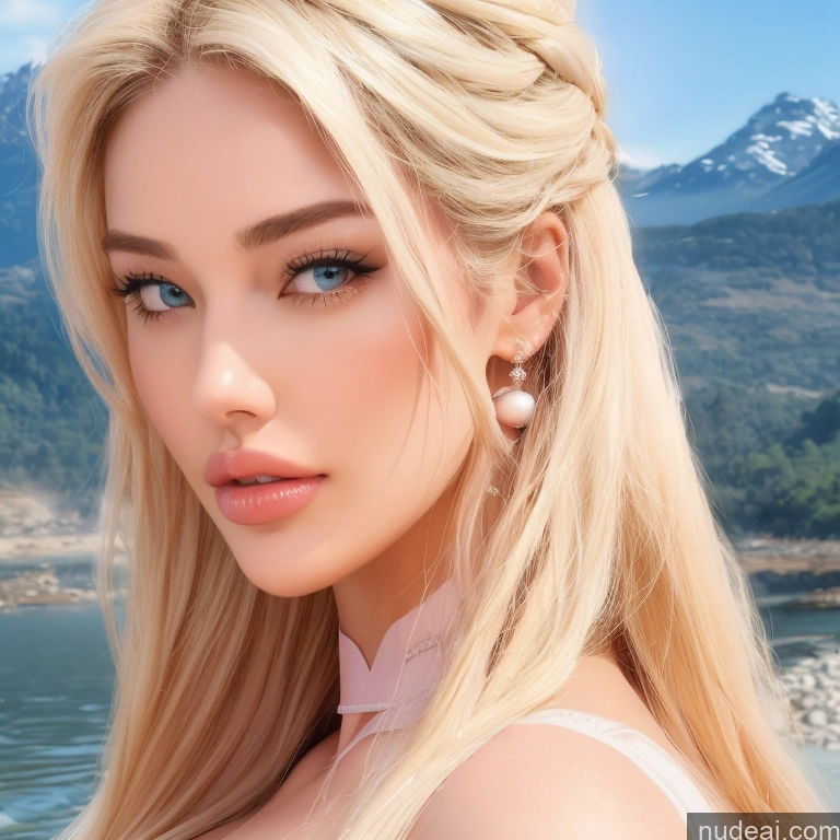 Bimbo Several Huge Boobs Busty 30s Pouting Lips Blonde Straight Brazilian Scandinavian Soft + Warm Front View T-pose Nude Detailed Mountains Lake Meadow Side View Two