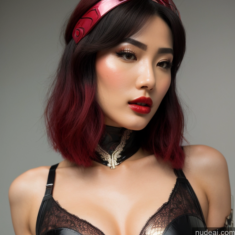 ai nude image of arafed woman with red hair wearing a black bra and a choke pics of Asian Skin Detail (beta) Detailed Front View Lipstick Perfect Boobs Lingerie Model Small Ass Beautiful Side View Back View Close-up View Soft + Warm Kidnapped-bdsm-willing Partner Futuristic