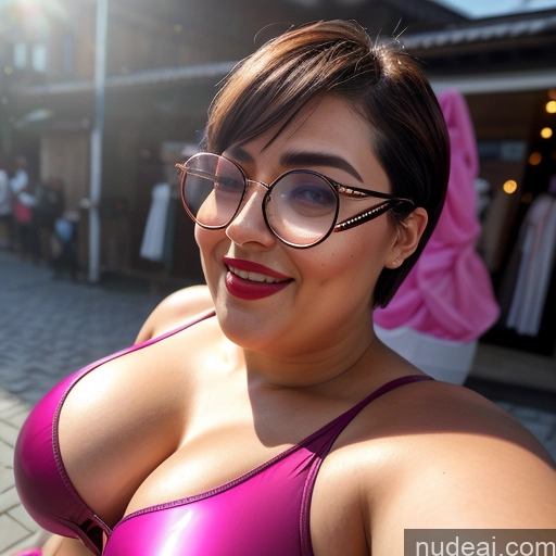 ai nude image of araffe woman in a pink bikini posing for a picture pics of Two Huge Boobs Glasses Chubby Big Hips Short Short Hair 40s Happy Pixie Beach Bikini T-pose