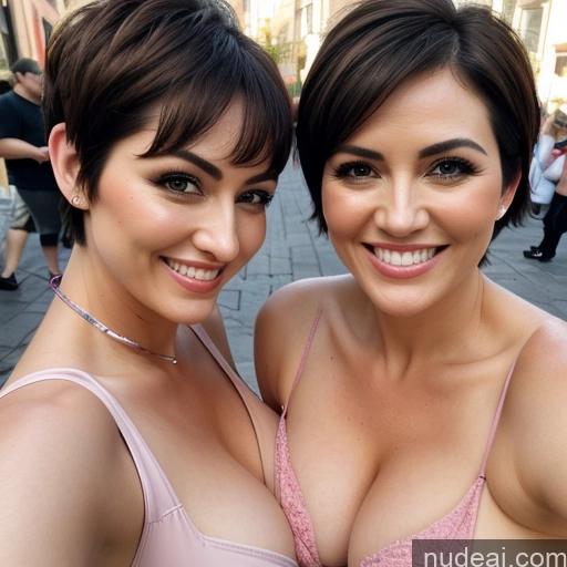 ai nude image of two women in pink bra tops posing for a picture on a city street pics of Two Huge Boobs Big Hips Short Short Hair 40s Happy Pixie Beach Bikini T-pose Satin Thick