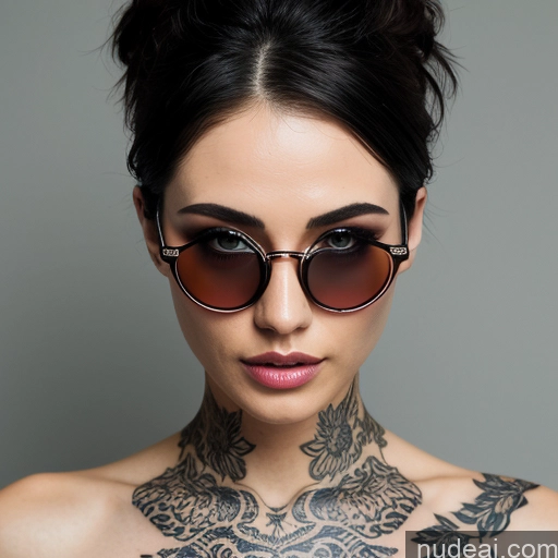 ai nude image of arafed woman with tattoos and sunglasses on her chest pics of Woman One Short Hair Fairer Skin Big Ass Perfect Boobs Tattoos Glasses Skinny 18 Sexy Face Purple Hair Messy Japanese Nude Cumshot