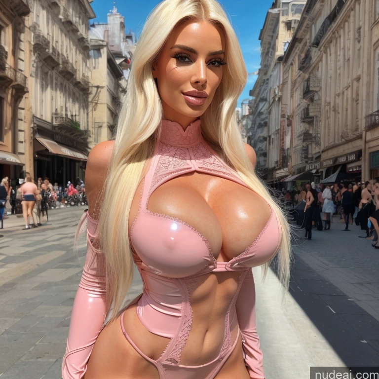 ai nude image of blond woman in pink latex posing in a city street pics of Several Huge Boobs Nude Sexy Face Blonde Two Bimbo Beach