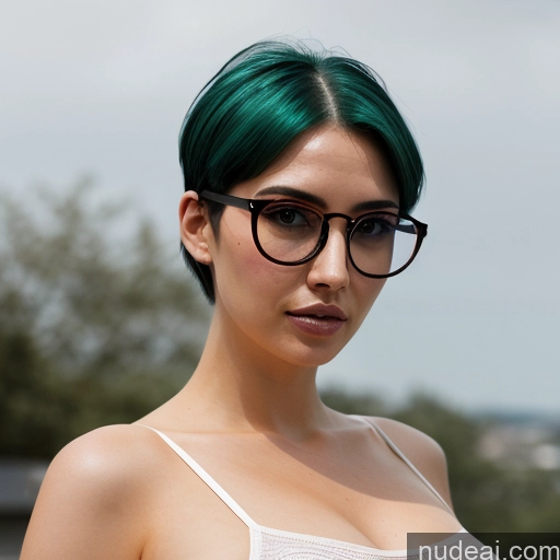 ai nude image of pics of Woman One Huge Boobs Glasses Big Ass Skinny Big Hips Short Hair Fairer Skin 20s Seductive Sexy Face Green Hair White Strip Club Close-up View Blowjob Cumshot Nude Crop Top Cleavage Transparent Bright Lighting