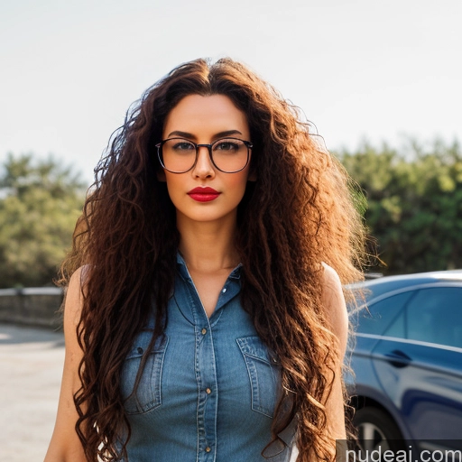 Woman Milf Glasses Huge Boobs Lipstick Big Ass Thick Big Hips Long Legs Tall Perfect Body Long Hair Curly Hair Oiled Body 30s Pouting Lips Ginger Irish Skin Detail (beta) Car Front View On Back Nude Pearl Jewelry Bright Lighting Detailed