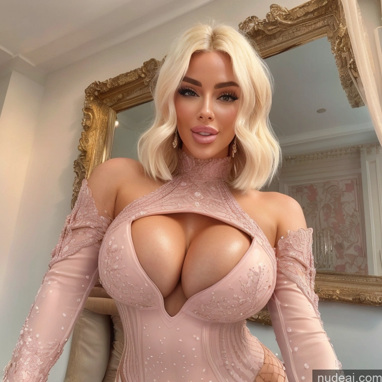 ai nude image of a close up of a woman in a pink dress posing for a picture pics of Bimbo Two Huge Boobs 40s Happy Blonde Straight White Mirror Selfie Front View Back View T-pose Topless Detailed Several Mall Short Hair