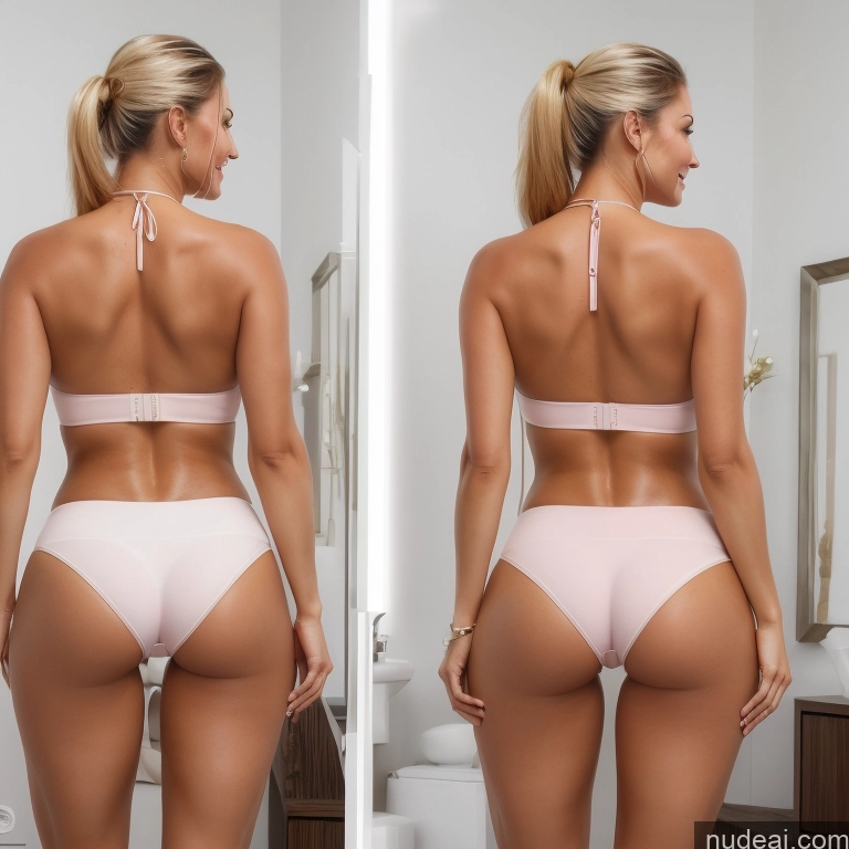 ai nude image of pics of Milf Two Busty Huge Boobs 40s Happy Blonde Ponytail White Bedroom Front View T-pose Cleavage Topless Yoga Pants Detailed Back View Mirror Selfie Tanned Skin