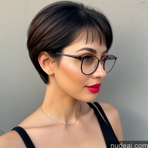 Woman Beautiful Perfect Boobs Glasses Lipstick Big Ass Short Hair Perfect Body 30s Black Hair Bobcut Indonesian Front View Ahegao (smile) Maske's Balls Deep Deepthroat