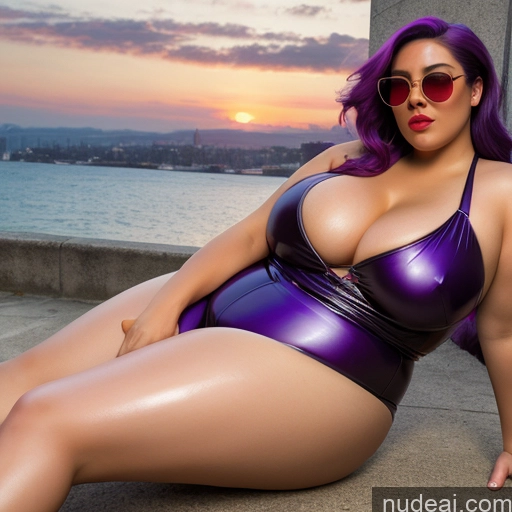 ai nude image of pics of Huge Boobs Big Ass Big Hips Chubby Sunglasses Purple Hair Front View Squatting Spreading Legs High Heels