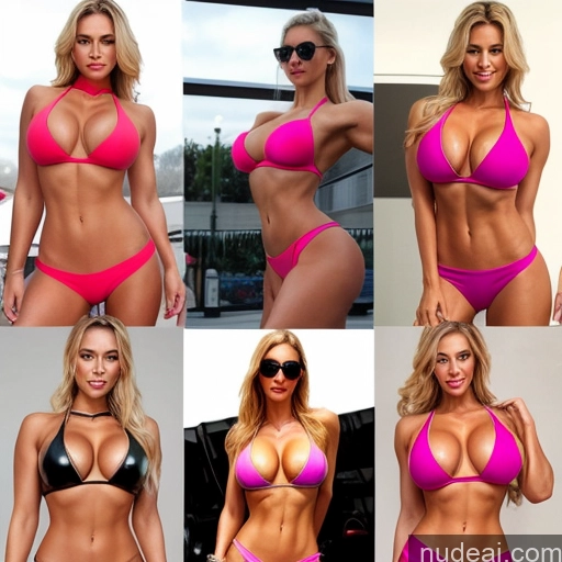 ai nude image of pics of Busty Huge Boobs Muscular Tall Perfect Body Tanned Skin Beautiful Sunglasses Pubic Hair 40s Seductive Ponytail Scandinavian Illustration Front View Side View T-pose Cleavage Yoga Pants Jewelry Choker Detailed Blonde Brunette Two Several Woman Milf Tent