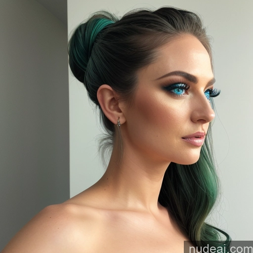 Nude Marquise Hair Deep Blue Eyes Green Hair Ponytail