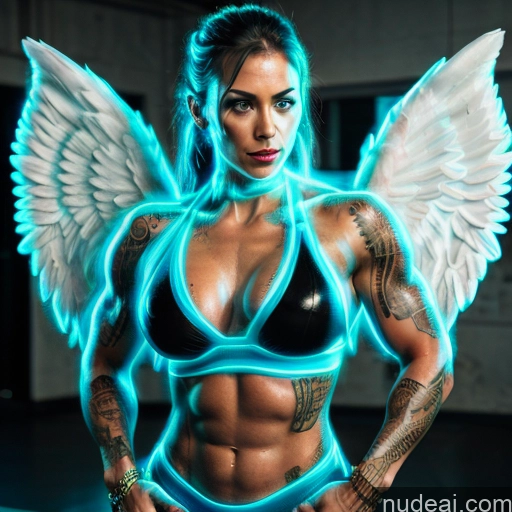 ai nude image of pics of Superhero Woman Busty Muscular Abs Deep Blue Eyes Blue Hair Neon Lights Clothes: Blue Front View Has Wings Angel Battlefield Bodybuilder Science Fiction Style Tattoos