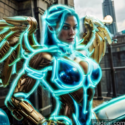 ai nude image of pics of Woman Busty Muscular Abs Front View Has Wings Angel Fantasy Armor Viking Bodybuilder Perfect Boobs Detailed Deep Blue Eyes Blue Hair Neon Lights Clothes: Blue Gold Jewelry SuperMecha: A-Mecha Musume A素体机娘 Neon Lights Clothes: Yellow