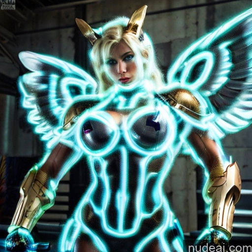 ai nude image of pics of Woman Busty Muscular Abs Front View Has Wings Angel Fantasy Armor Viking Bodybuilder Perfect Boobs Gold Jewelry Neon Lights Clothes: Yellow Blonde SuperMecha: A-Mecha Musume A素体机娘 Deep Blue Eyes Blue Hair Neon Lights Clothes: Blue