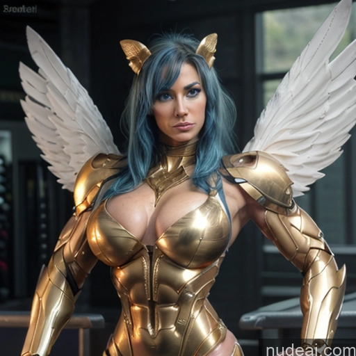 ai nude image of pics of Woman Busty Muscular Abs Front View Has Wings Angel Fantasy Armor Viking Bodybuilder Perfect Boobs Gold Jewelry Blonde SuperMecha: A-Mecha Musume A素体机娘 Deep Blue Eyes Blue Hair