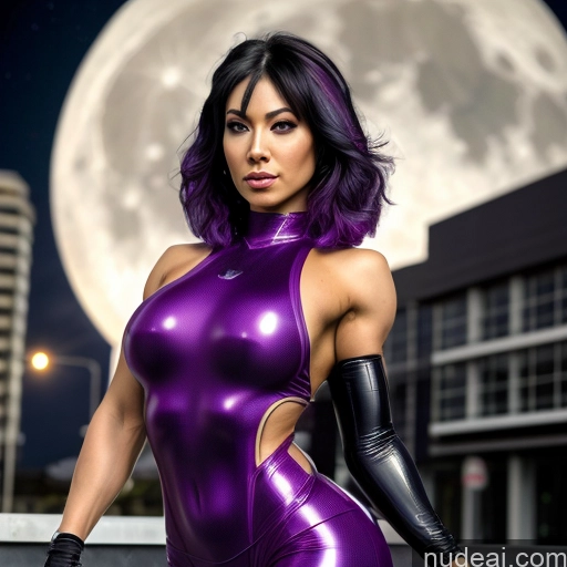 Cyborg Woman Bobcut Asian Latina Neon Lights Clothes: Purple Front View Moon Black Hair Purple Hair Mech Suit Sci-fi Armor Bodybuilder Busty Science Fiction Style