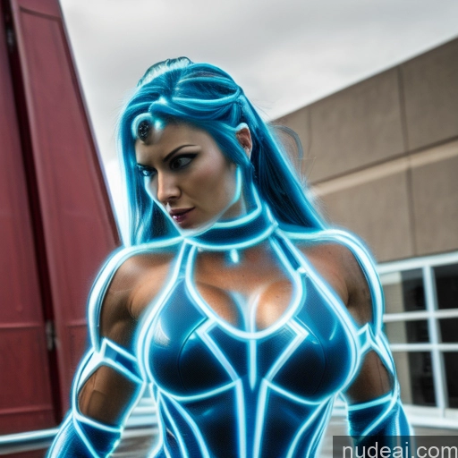 Superhero Neon Lights Clothes: Blue Neon Lights Clothes: Purple Woman Bodybuilder Busty Abs Blue Hair Deep Blue Eyes Front View Perfect Boobs Captain Marvel Power Rangers Cosplay SuperMecha: A-Mecha Musume A素体机娘