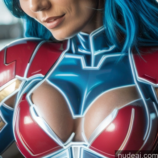 Superhero Neon Lights Clothes: Blue Neon Lights Clothes: Purple Woman Bodybuilder Busty Abs Blue Hair Deep Blue Eyes Front View Perfect Boobs Captain Marvel Power Rangers Cosplay SuperMecha: A-Mecha Musume A素体机娘