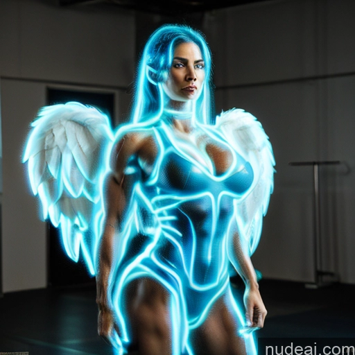 ai nude image of pics of Superhero Neon Lights Clothes: Blue Neon Lights Clothes: Purple Woman Bodybuilder Busty Abs Blue Hair Deep Blue Eyes Front View Perfect Boobs Captain Marvel Power Rangers Cosplay Has Wings Angel Muscular