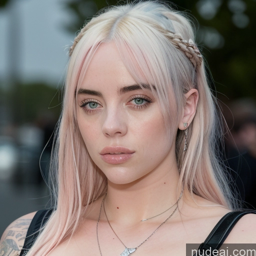 ai nude image of blonde woman with a cross necklace and a black dress pics of Billie Eilish