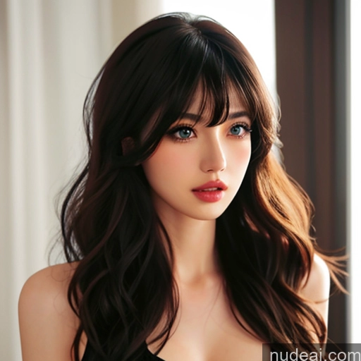 ai nude image of araffe asian woman with long brown hair and blue eyes pics of Bangs Wavy Hair Chinese Traditional Clothing: Cheong Sam V2