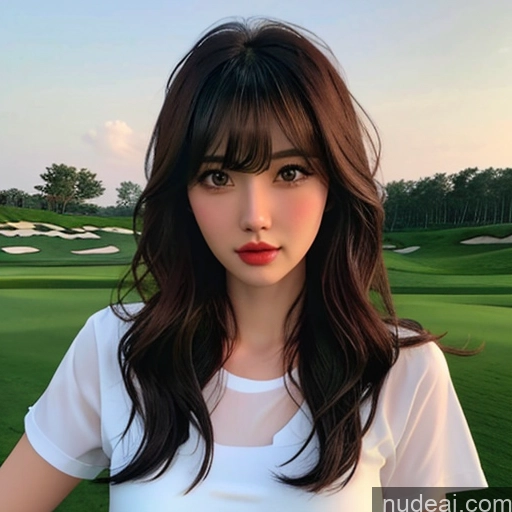 ai nude image of a woman with long hair and a white shirt posing for a picture pics of Bangs Wavy Hair Looking At Sky Golf