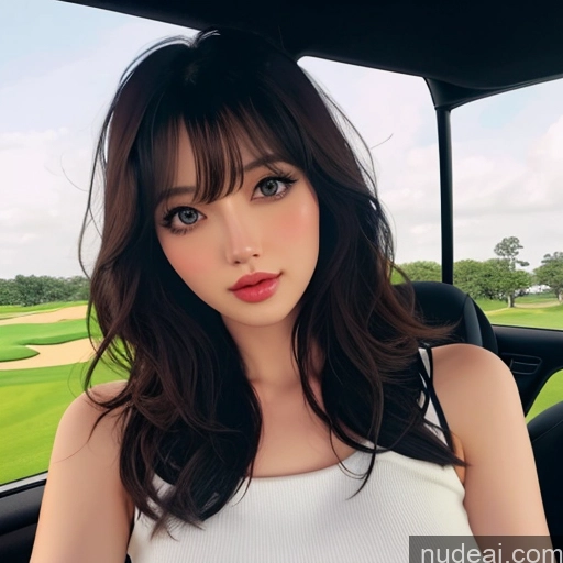 ai nude image of a close up of a woman in a car with a golf course in the background pics of Bangs Wavy Hair Looking At Sky Golf