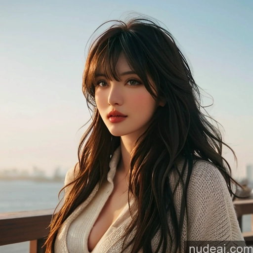 ai nude image of a woman with long hair and a sweater on posing for a picture pics of Bangs Wavy Hair Looking At Sky Lumberjack