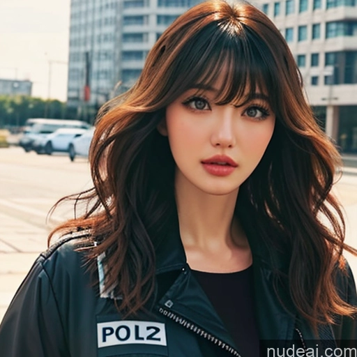 ai nude image of a woman with long hair wearing a police jacket and black shirt pics of Bangs Wavy Hair Looking At Sky Police