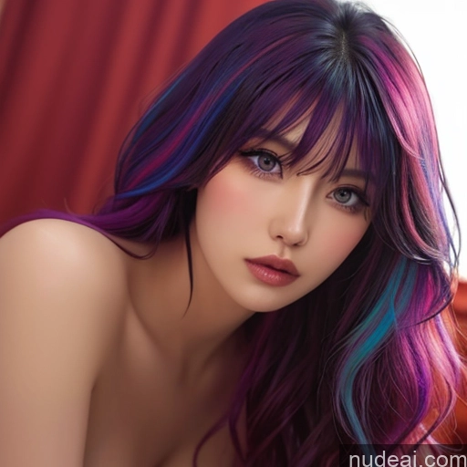 ai nude image of arafed woman with colorful hair posing on a bed pics of Bangs Wavy Hair Rainbow Haired Girl