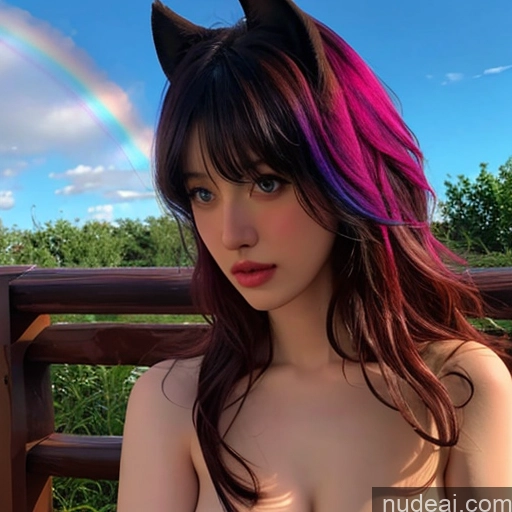 related ai porn images free for Bangs Wavy Hair Wooden Horse Rainbow Haired Girl Looking At Sky