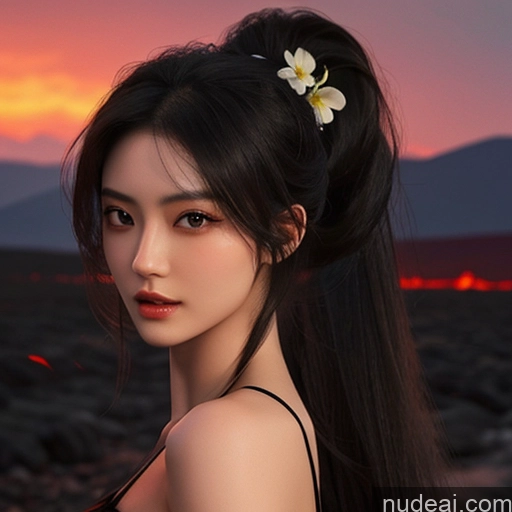 ai nude image of arafed asian woman with long black hair and a flower in her hair pics of Asian Seductive 18 Perfect Boobs Beautiful Small Ass Long Hair Hell Devil Dark Fantasy Skin Detail (beta) Detailed Dark Lighting Jewelry