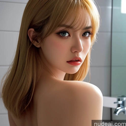 ai nude image of there is a woman that is standing in front of a mirror pics of Huge Boobs Big Ass One 20s Angry Blonde Bangs Asian Bathroom Close-up View Topless Nude Detailed