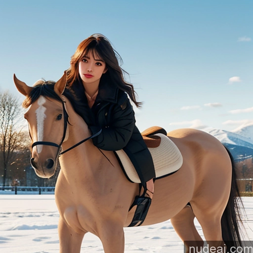 ai nude image of woman riding a horse in the snow with mountains in the background pics of Nude Bangs Wavy Hair Snow Wooden Horse Looking At Sky