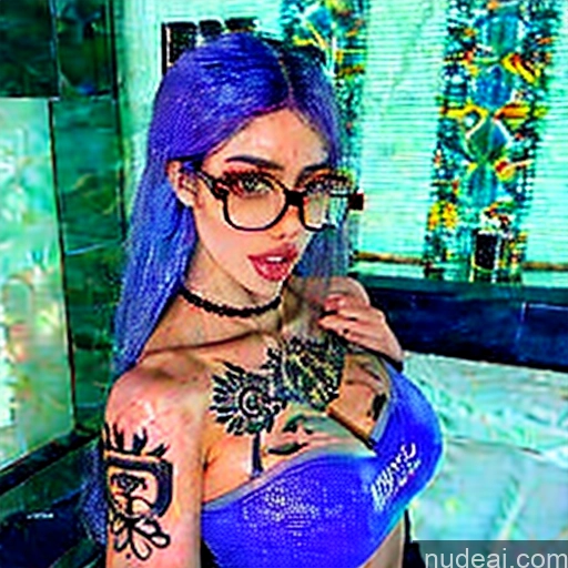 ai nude image of there is a woman with purple hair and glasses posing in a bathroom pics of Bimbo Woman Several Glasses Tattoos Big Ass Dark Skin Busty Blowjob African Nude Ahegao