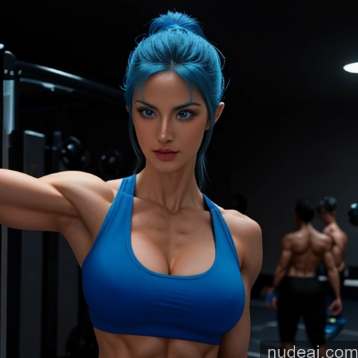 related ai porn images free for Superhero Cosplay Woman Busty Muscular Abs Blue Hair Deep Blue Eyes Front View Several