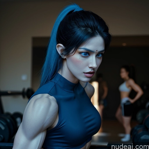 related ai porn images free for Superhero Cosplay Woman Busty Muscular Abs Blue Hair Deep Blue Eyes Front View Several Bodybuilder