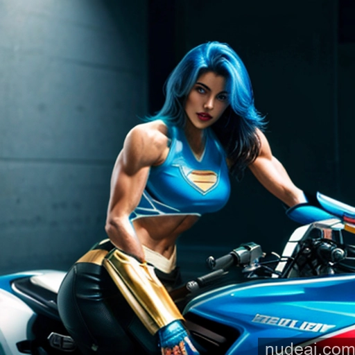 ai nude image of arafed woman in blue top and gold gloves sitting on a motorcycle pics of Superhero Woman Busty Muscular Abs Blue Hair Deep Blue Eyes Front View Bodybuilder Perfect Boobs Skin Detail (beta) Captain Marvel Neon Lights Clothes: Blue Cosplay Detailed SuperMecha: A-Mecha Musume A素体机娘