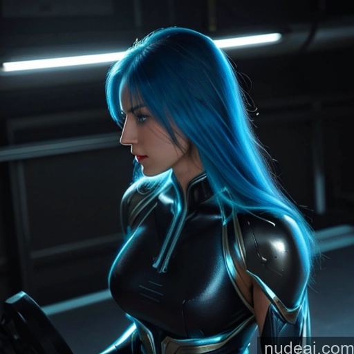 ai nude image of arafed woman in a black and blue outfit holding a gun pics of Superhero Captain Marvel Cosplay Woman Busty Perfect Boobs Muscular Abs Bodybuilder Blue Hair Deep Blue Eyes Neon Lights Clothes: Blue Battlefield Front View Mecha Musume + Gundam + Mecha Slider