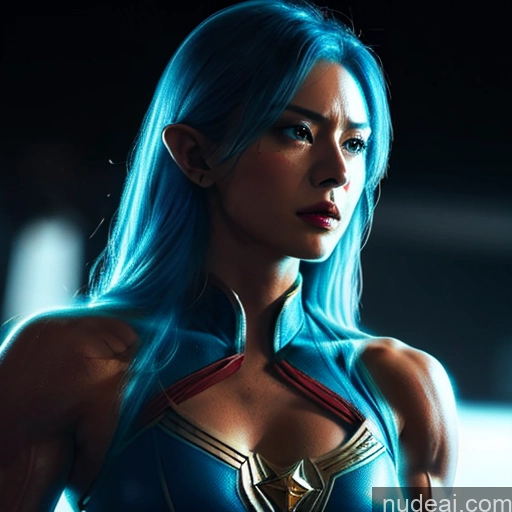 ai nude image of a woman with blue hair and a blue costume posing for a picture pics of Superhero Captain Marvel Cosplay Woman Busty Perfect Boobs Muscular Abs Bodybuilder Blue Hair Deep Blue Eyes Neon Lights Clothes: Blue Front View Cyborg Science Fiction Style Battlefield