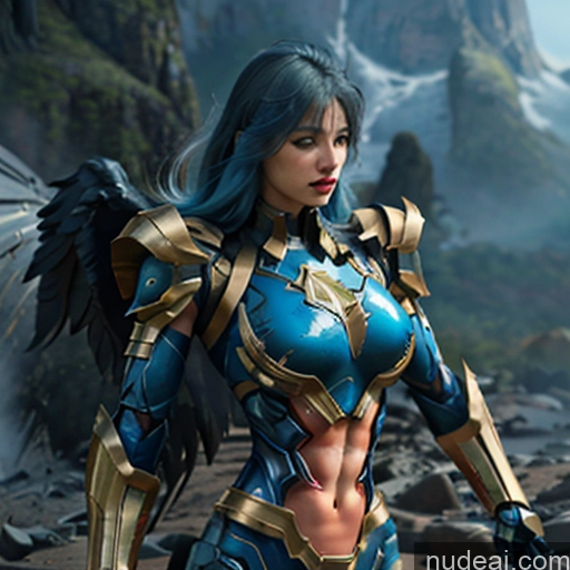 ai nude image of arafed female figure in armor standing in front of a waterfall pics of Woman Bodybuilder Busty Muscular Abs Perfect Boobs Blue Hair Skin Detail (beta) Front View Cosplay Superhero Detailed SuperMecha: A-Mecha Musume A素体机娘 Captain Marvel Battlefield Has Wings