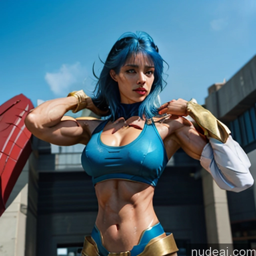 ai nude image of araffe woman in blue outfit posing with sword and shield pics of Woman Bodybuilder Busty Muscular Abs Perfect Boobs Blue Hair Skin Detail (beta) Cosplay Superhero Detailed Captain Marvel Has Wings SuperMecha: A-Mecha Musume A素体机娘