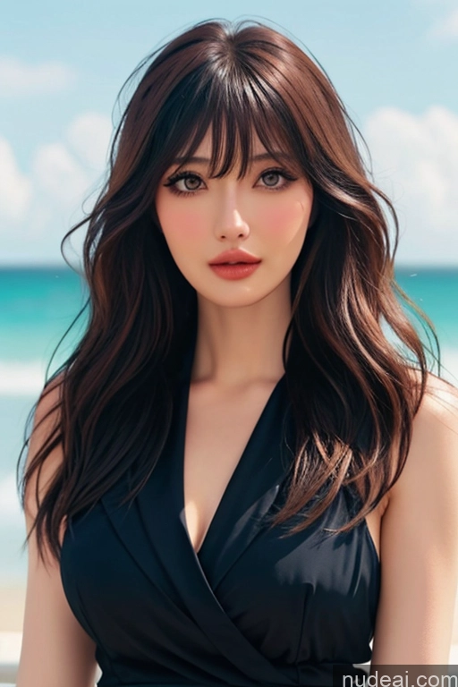 ai nude image of a woman with long hair and a black dress posing for a picture pics of Bangs Wavy Hair Looking At Sky Doctor