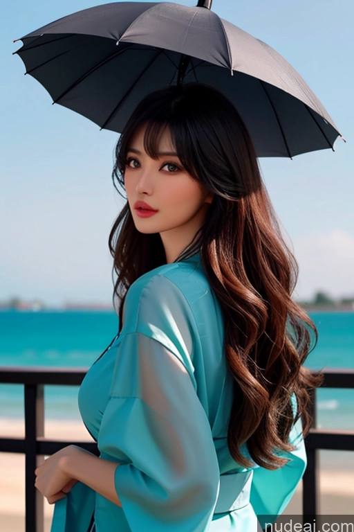 ai nude image of araffe woman with long hair and a blue dress holding an umbrella pics of Bangs Wavy Hair Looking At Sky Geisha