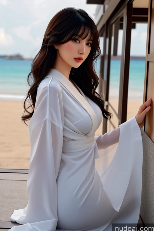 ai nude image of araffe woman in white dress sitting on a ledge by the beach pics of Bangs Wavy Hair Looking At Sky Geisha