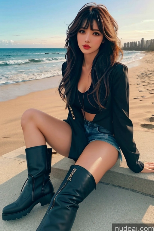 ai nude image of araffe sitting on a ledge near the beach wearing a black jacket and jeans pics of Looking At Sky Bangs Wavy Hair Beach Boots