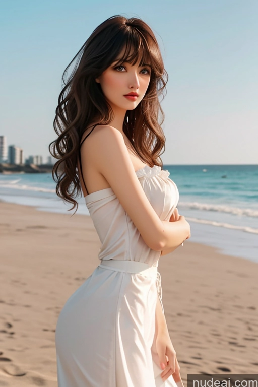 ai nude image of araffe woman in white dress standing on beach with city in background pics of Looking At Sky Bangs Wavy Hair Beach Nude Dirndl