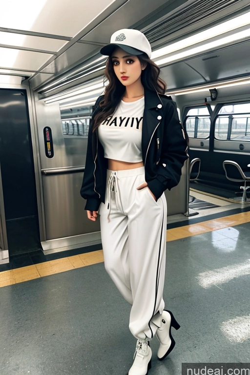 ai nude image of araffe wearing a white hat and black jacket standing in a subway pics of Looking At Sky Bangs Wavy Hair Train Harem Pants Hat High Heels High Socks Jacket