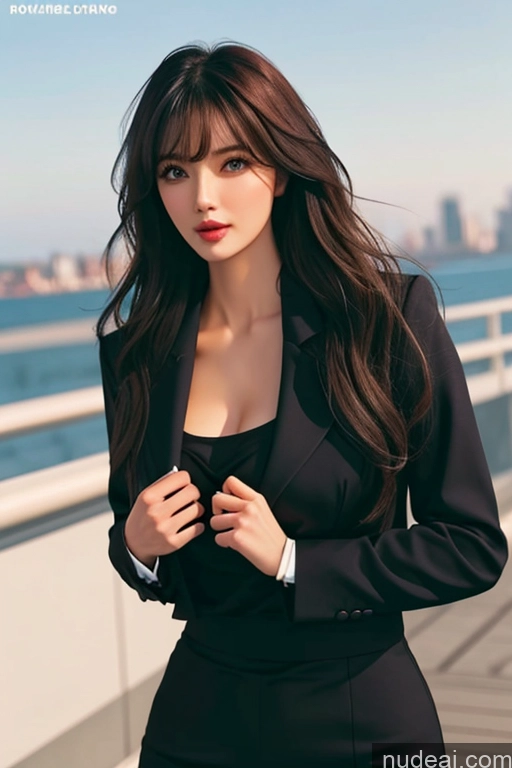 ai nude image of araffe magazine cover featuring a woman in a black suit pics of Looking At Sky Bangs Wavy Hair Secretary